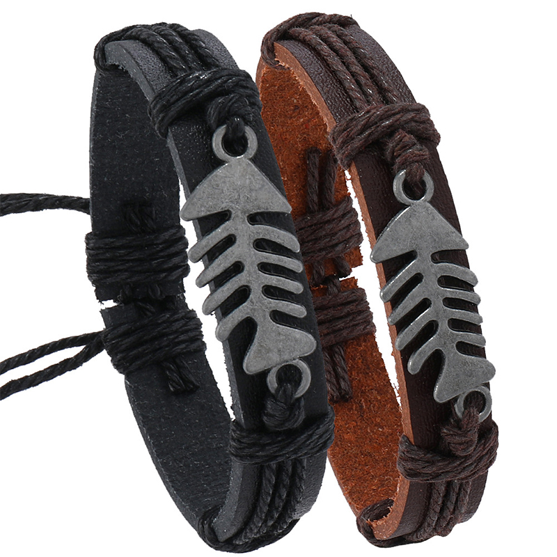 Men Accessories Pk - Pulseira masculina de couro Fishbone, pulseiras